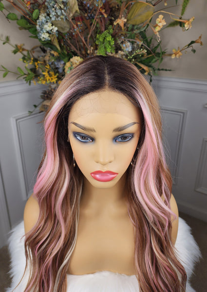 "Lynn"- Lace front, deep middle shiftable part ( pink & blonde highlights, long, wavy )