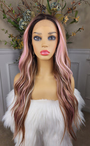 "Lynn"- Lace front, deep middle shiftable part ( pink & blonde highlights, long, wavy )