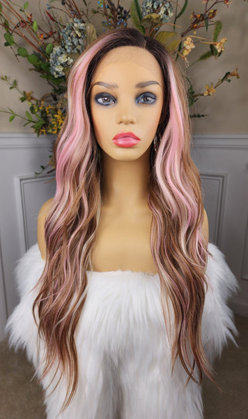 "Lynn"- Lace front, deep middle shiftable part ( pink & blonde highlights, long, wavy )