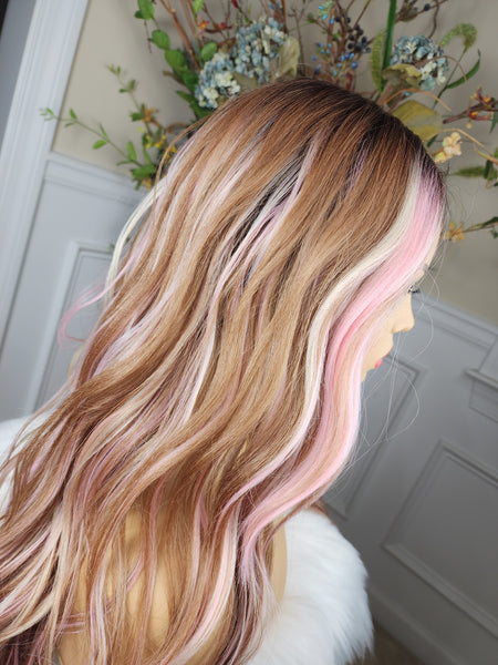 "Lynn"- Lace front, deep middle shiftable part ( pink & blonde highlights, long, wavy )