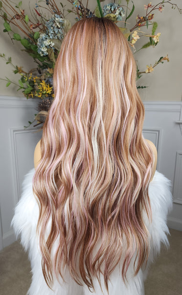 "Lynn"- Lace front, deep middle shiftable part ( pink & blonde highlights, long, wavy )