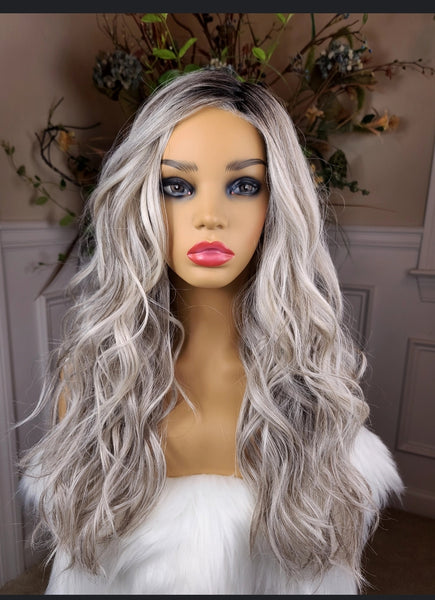 "Sheila" - Lace front, deep middle shiftable partial monofilament (salt & pepper)