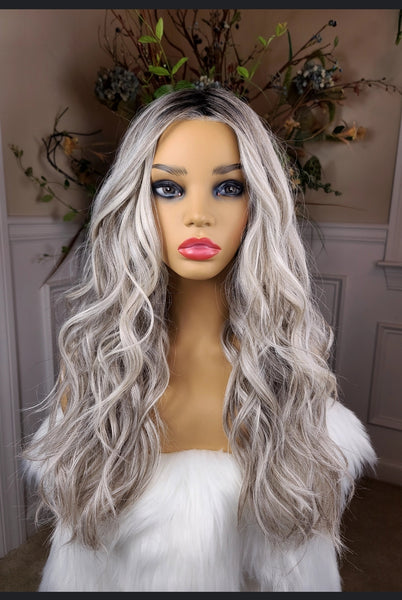 "Sheila" - Lace front, deep middle shiftable partial monofilament (salt & pepper)