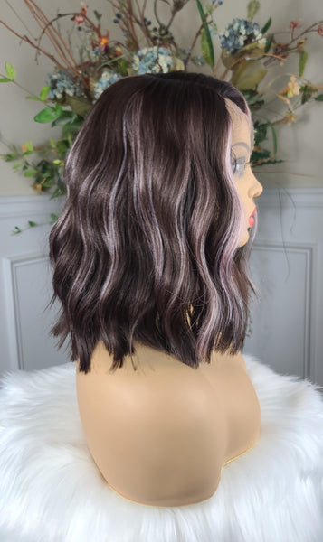 "Daphne"- Lace front, fixed part (brunette with pink highlights) shoulder length