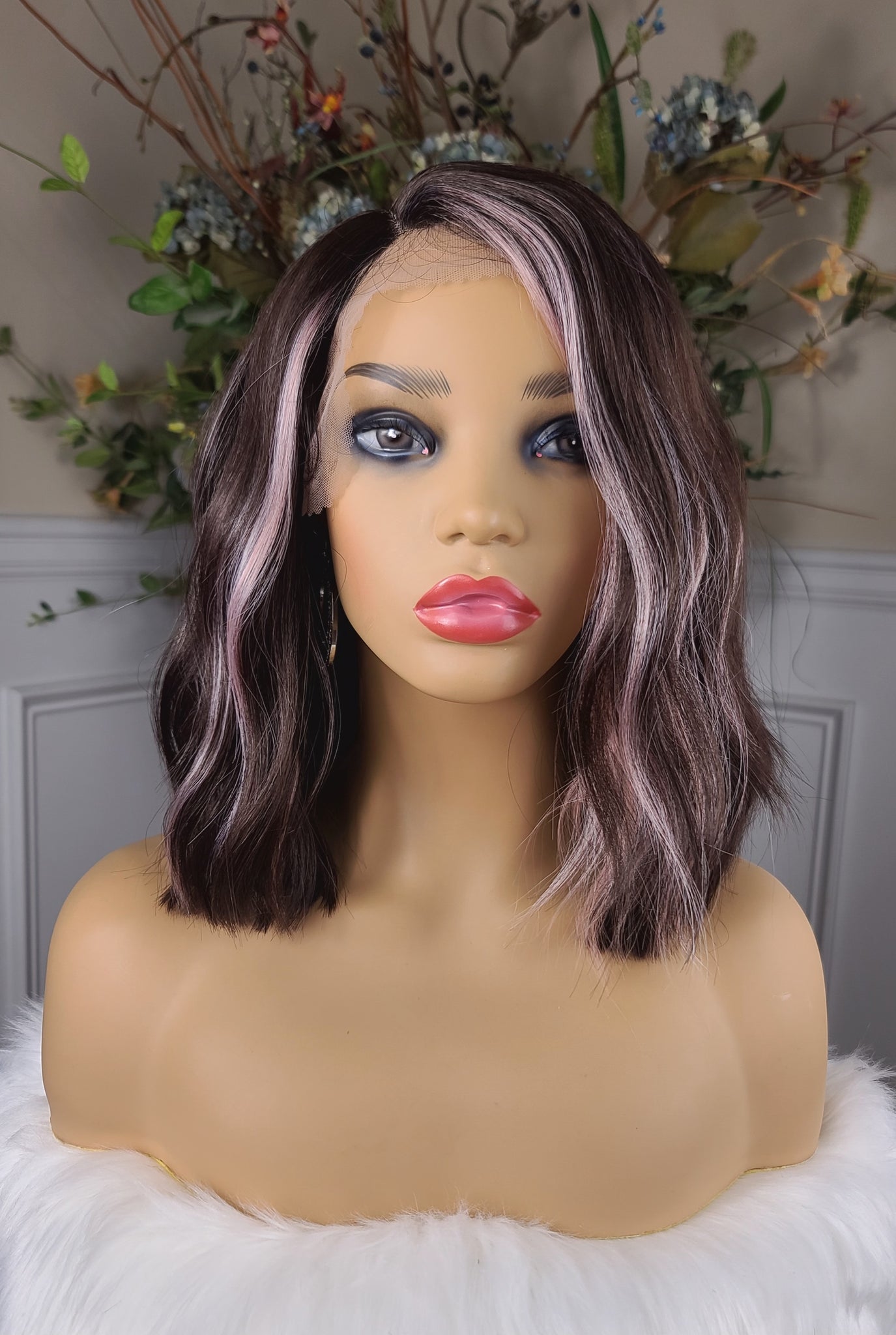 "Daphne"- Lace front, fixed part (brunette with pink highlights) shoulder length