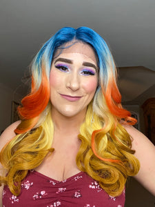 "Bomb shell " Wig - Lace Front, Human Blend, Deep Middle Shiftable Part, Blue Orange Yellow & Gold