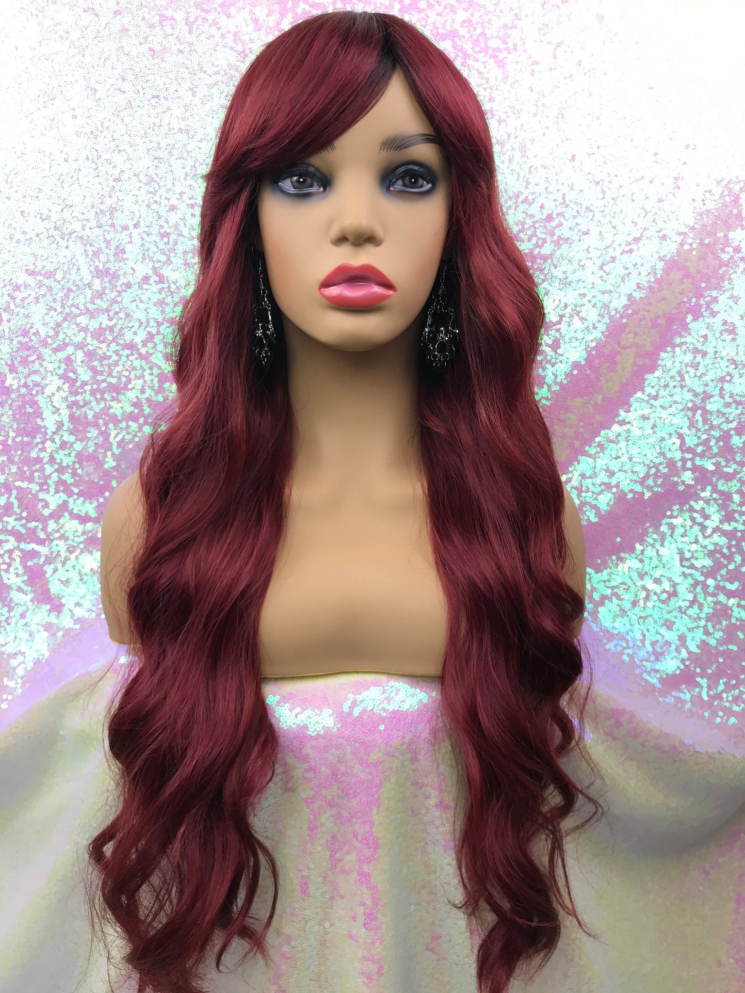 “Cassandra” Wig - No Lace, Bangs, Burgundy with black root, Long & Wavy