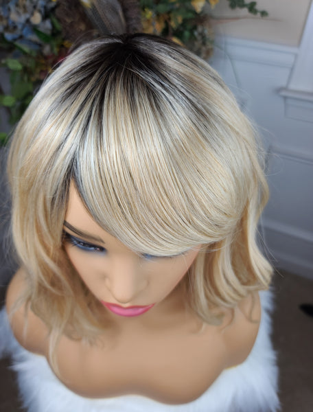 "Sandra Dee" Wig - No Lace, Bang Unit, Blonde with brown root, Short