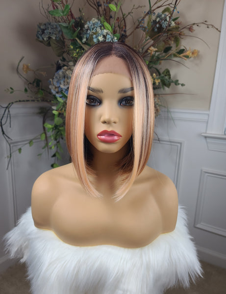 "Alexa" Wig - Lace Front, Shiftable Part, Bob cut styler, short & straight, brown root & autumn brown with highlights