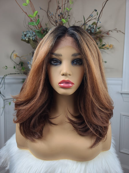 "Daliah" Wig - HD Lace Front, Human Blend, Shiftable Part, Brown root, Teased texture with caramel highlights, Shoulder Length, Catarina’s Sister