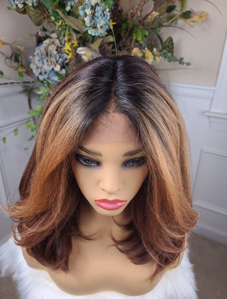 "Daliah" Wig - HD Lace Front, Human Blend, Shiftable Part, Brown root, Teased texture with caramel highlights, Shoulder Length, Catarina’s Sister