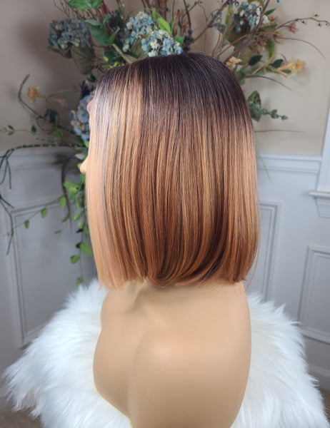 "Alexa" Wig - Lace Front, Shiftable Part, Bob cut styler, short & straight, brown root & autumn brown with highlights