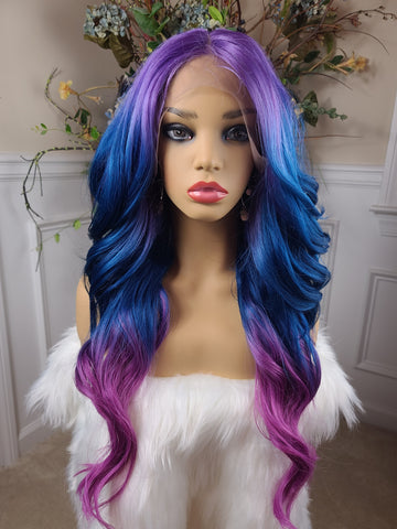 "Gretchen" Wig - Lace Front, Human Blend, Shiftable Part, Light Purple, Pink & Blue, Long & Wavy (special color)