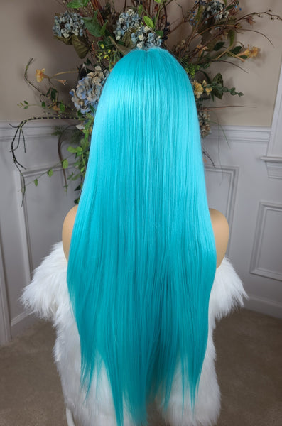 "Cara" Wig - Lace Front, Human Blend, Deep Middle Shiftable Part, flureocent Neon blue  root to tip, Long & Straight