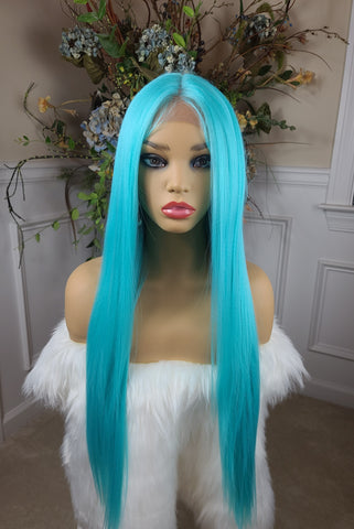 "Cara" Wig - Lace Front, Human Blend, Deep Middle Shiftable Part, flureocent Neon blue  root to tip, Long & Straight