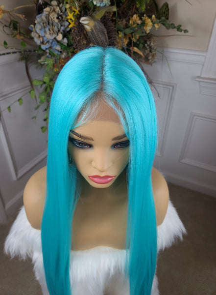 "Cara" Wig - Lace Front, Human Blend, Deep Middle Shiftable Part, flureocent Neon blue  root to tip, Long & Straight