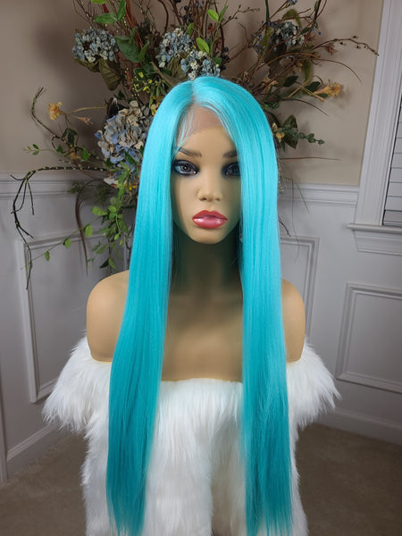 "Cara" Wig - Lace Front, Human Blend, Deep Middle Shiftable Part, flureocent Neon blue  root to tip, Long & Straight