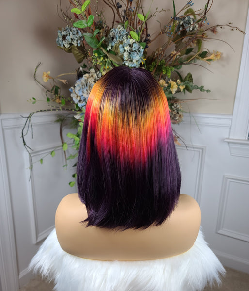 "Shy" Wig - Lace Front, Human Blend, Shiftable Part, Short Bob, Sunset multicolor