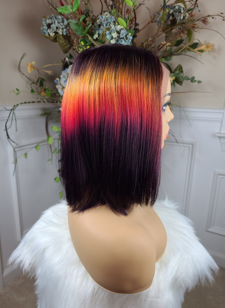 "Shy" Wig - Lace Front, Human Blend, Shiftable Part, Short Bob, Sunset multicolor