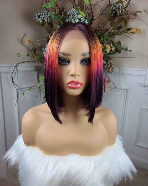 "Shy" Wig - Lace Front, Human Blend, Shiftable Part, Short Bob, Sunset multicolor