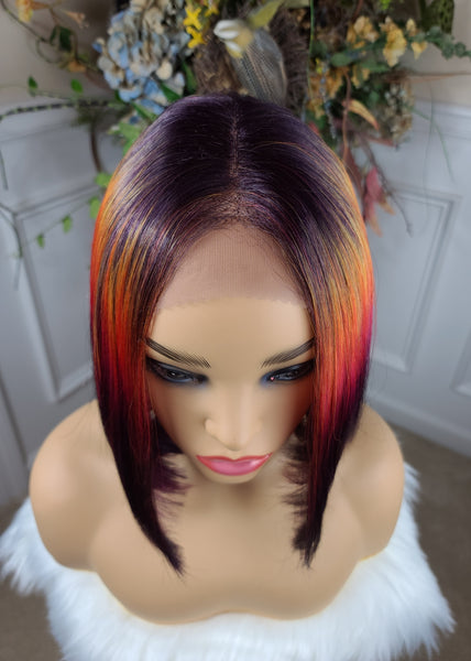 "Shy" Wig - Lace Front, Human Blend, Shiftable Part, Short Bob, Sunset multicolor