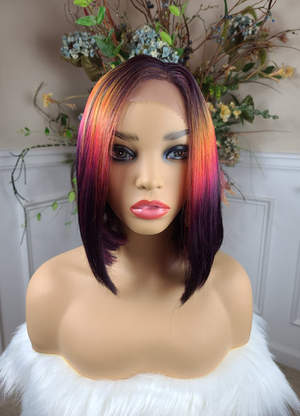 "Shy" Wig - Lace Front, Human Blend, Shiftable Part, Short Bob, Sunset multicolor