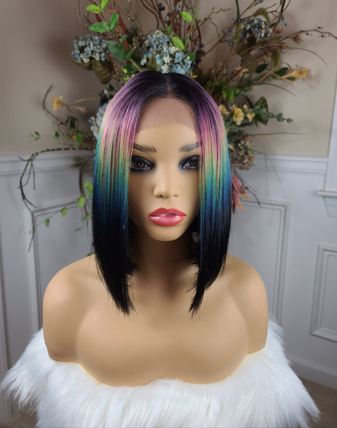 "Sabreena" Wig - Lace Front, Human Blend, Deep Middle Shiftable Part, Short Bob, Black, Purple, Blue & Green multicolor, Straight (special color)