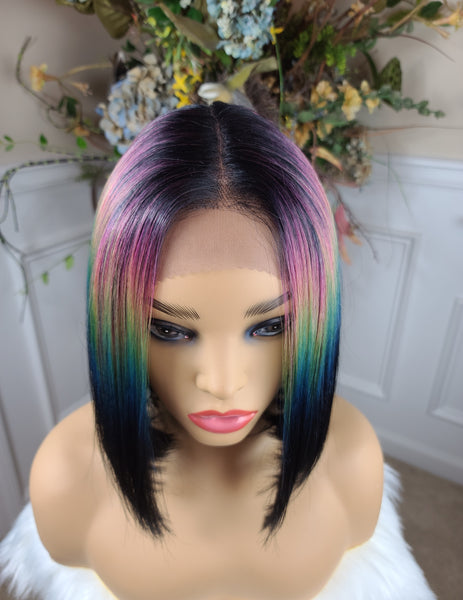 "Sabreena" Wig - Lace Front, Human Blend, Deep Middle Shiftable Part, Short Bob, Black, Purple, Blue & Green multicolor, Straight (special color)