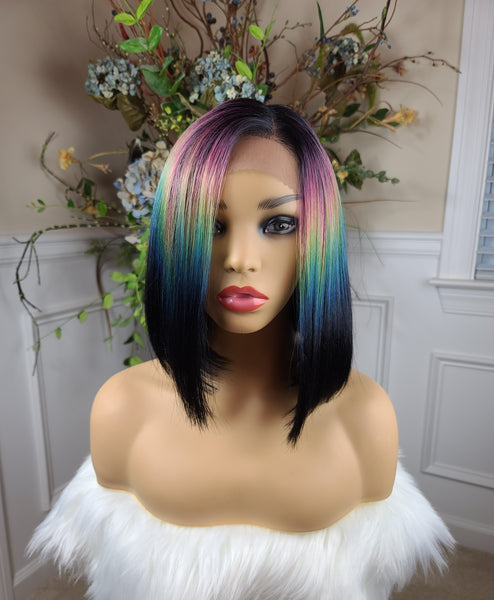 "Sabreena" Wig - Lace Front, Human Blend, Deep Middle Shiftable Part, Short Bob, Black, Purple, Blue & Green multicolor, Straight (special color)