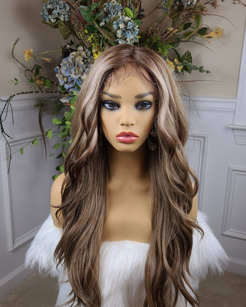 Suzette- Lace Front Wig, Human-blend, Deep middle Shiftable part, Long & Wavy, Light brown with highlights