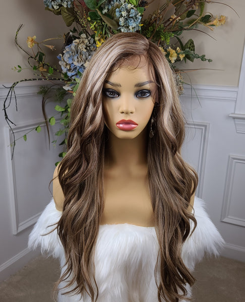 Suzette- Lace Front Wig, Human-blend, Deep middle Shiftable part, Long & Wavy, Light brown with highlights