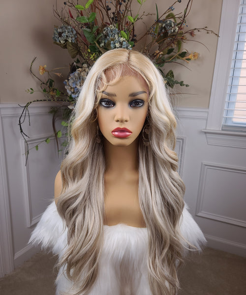 "Joey" Wig - Lace Front, Human Blend, Deep Middle Shiftable Part, Platinum Icy blonde, Long & Wavy