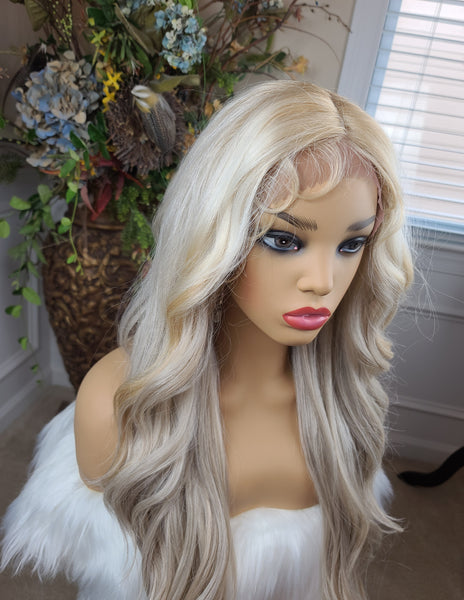 "Joey" Wig - Lace Front, Human Blend, Deep Middle Shiftable Part, Platinum Icy blonde, Long & Wavy