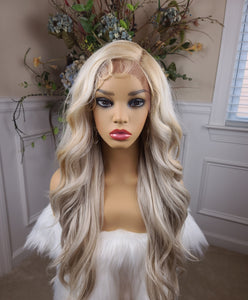 "Joey" Wig - Lace Front, Human Blend, Deep Middle Shiftable Part, Platinum Icy blonde, Long & Wavy