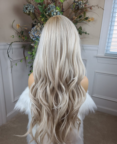 "Joey" Wig - Lace Front, Human Blend, Deep Middle Shiftable Part, Platinum Icy blonde, Long & Wavy