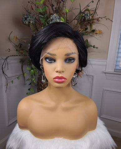 "Lolita" Wig - HD Lace Front, Left Part, Human Blend, Black root to tip, Short (DISCONTINUED)