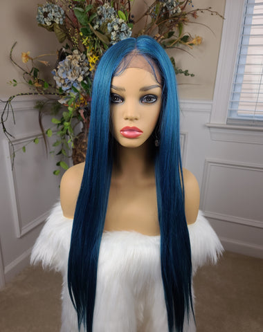 "Anna" Wig - Lace Front, Human Blend, Deep Middle Shiftable Part, Teal root to tip, Long & Straight