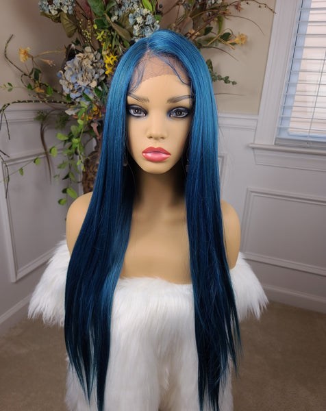 "Anna" Wig - Lace Front, Human Blend, Deep Middle Shiftable Part, Teal root to tip, Long & Straight