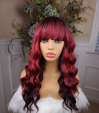 "Fuego" Wig - No Lace, Bang Unit, Burgundy with dark burgundy underneath, medium length with Waves