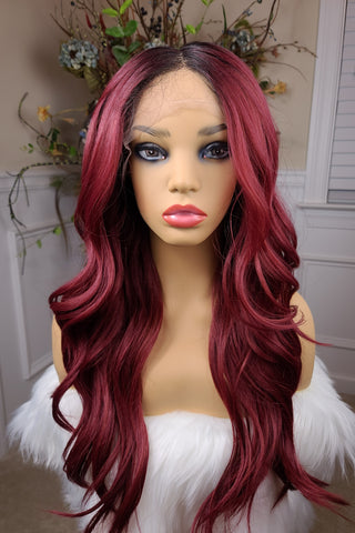 "Emma" Wig - HD Lace Front, Human Blend, Deep Middle Shiftable Part, Red with black root, Long & Wavy
