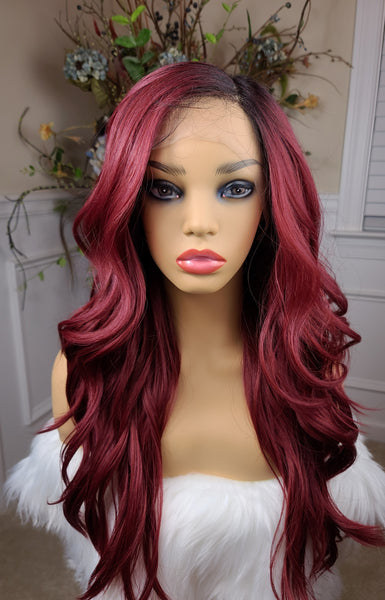 "Emma" Wig - HD Lace Front, Human Blend, Deep Middle Shiftable Part, Red with black root, Long & Wavy