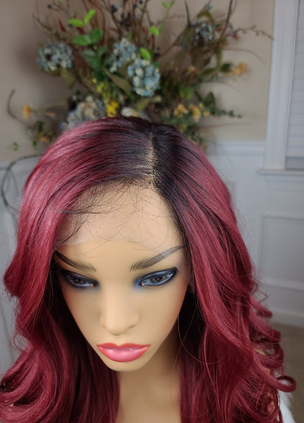 "Emma" Wig - HD Lace Front, Human Blend, Deep Middle Shiftable Part, Red with black root, Long & Wavy