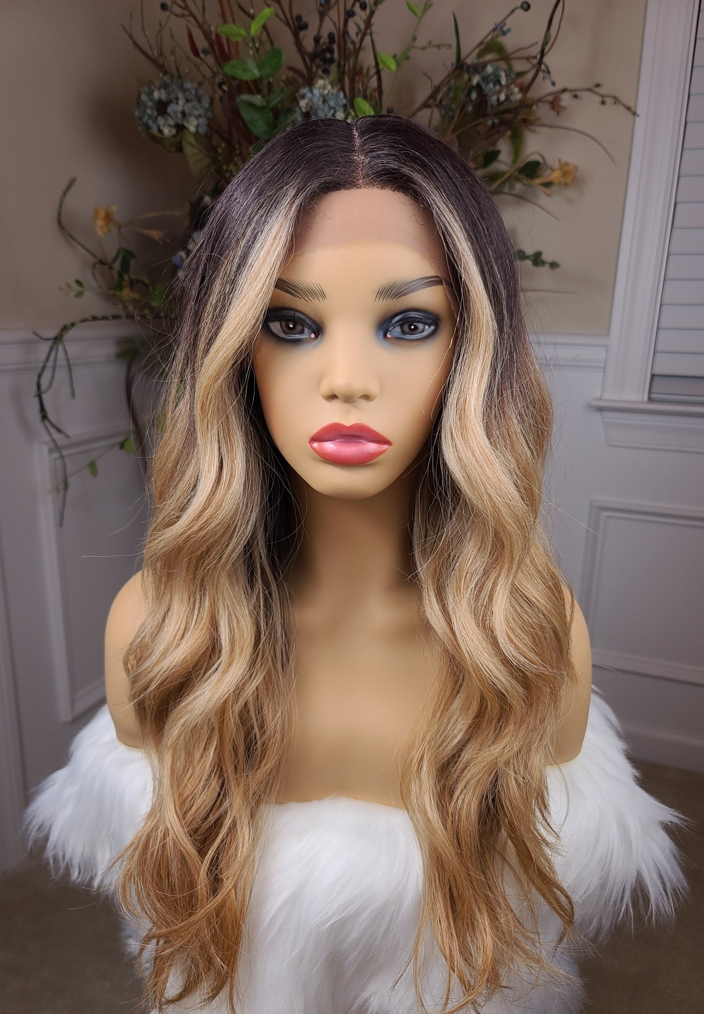 "Sofia" Wig - Lace Front, Human Blend, Deep Middle Shiftable Part, Brown with blonde highlights & brown root, Long & Wavy