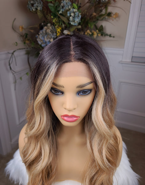 "Sofia" Wig - Lace Front, Human Blend, Deep Middle Shiftable Part, Brown with blonde highlights & brown root, Long & Wavy