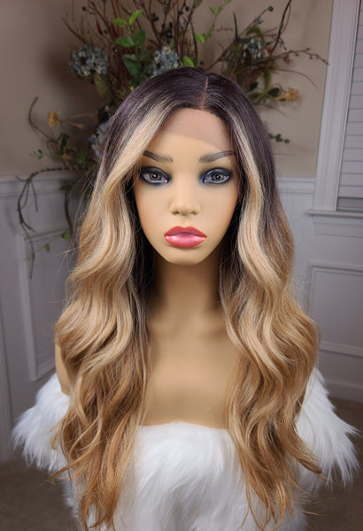 "Sofia" Wig - Lace Front, Human Blend, Deep Middle Shiftable Part, Brown with blonde highlights & brown root, Long & Wavy