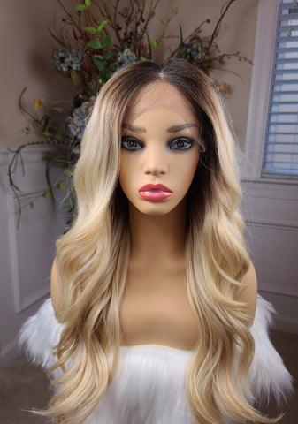 "Sunny" Wig - Lace Front, Human Blend, Deep Middle Shiftable Part, Blonde with brown root, Long & Wavy