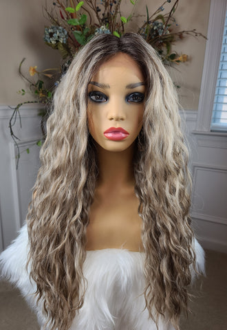 “Cassidy” Wig - Lace Front, Deep Middle Shiftable Part, Ash Blonde with brown root, Long & Curly