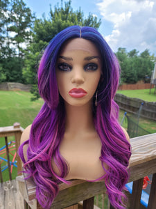 Pre-order "Liz"- Lace Front Wig, deep middle Shiftable part ( medium length, wavy, purple, pink with a dark blue root)