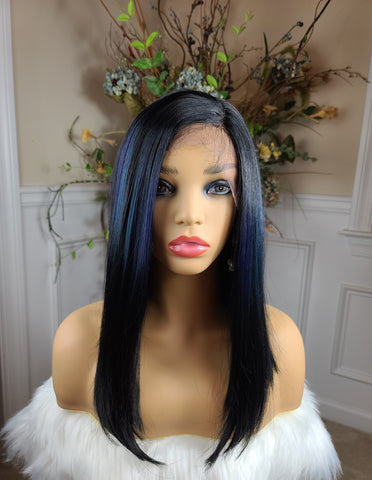 "Kinley" Wig - Lace Front, Human Blend, Left Side Part, Black with blue & purple highlights, Shoulder Length & Straight