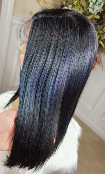 "Kinley" Wig - Lace Front, Human Blend, Left Side Part, Black with blue & purple highlights, Shoulder Length & Straight